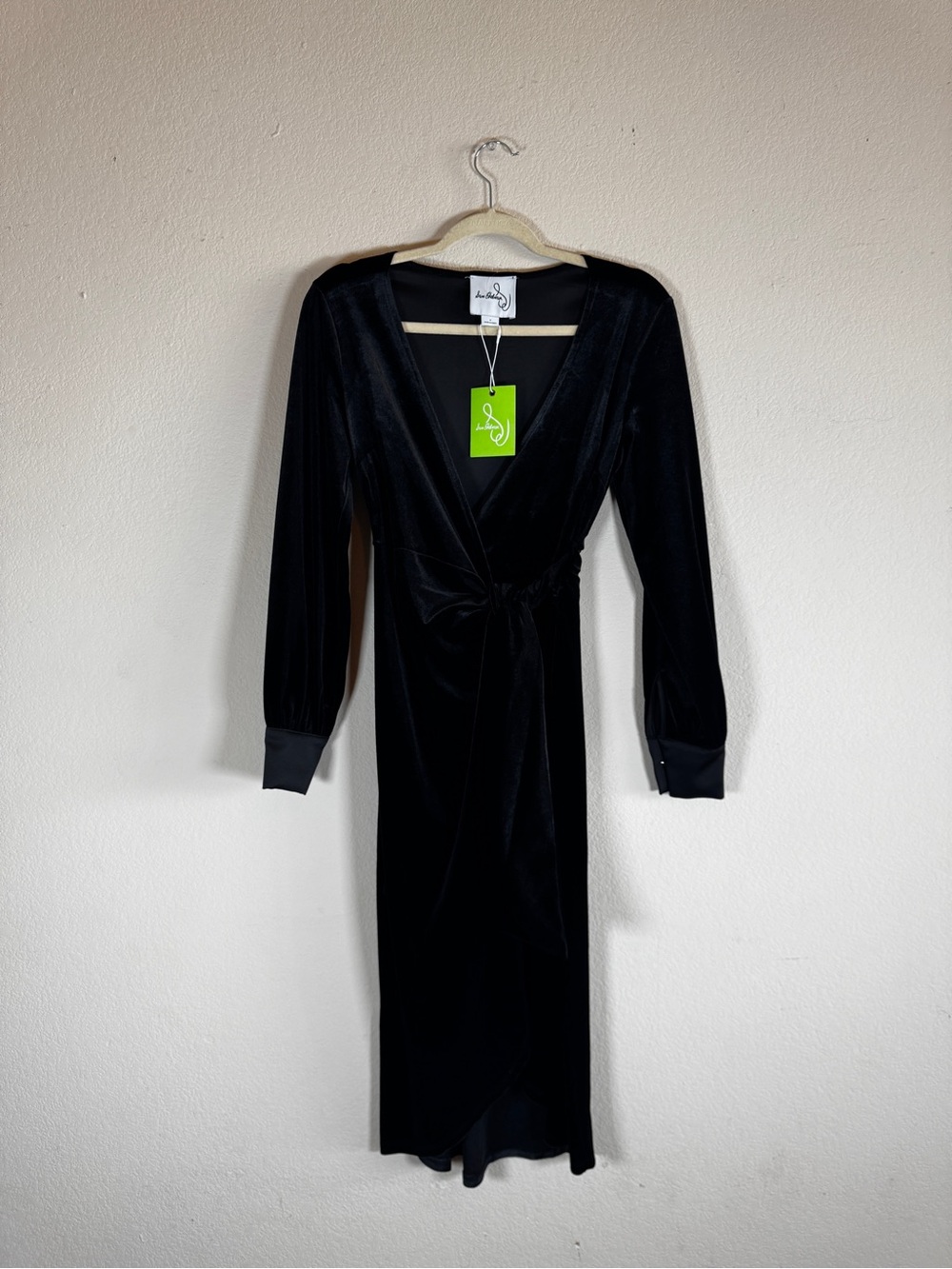 L'AGENCE Black Velvet Long-Sleeve Knot Wrap Dress